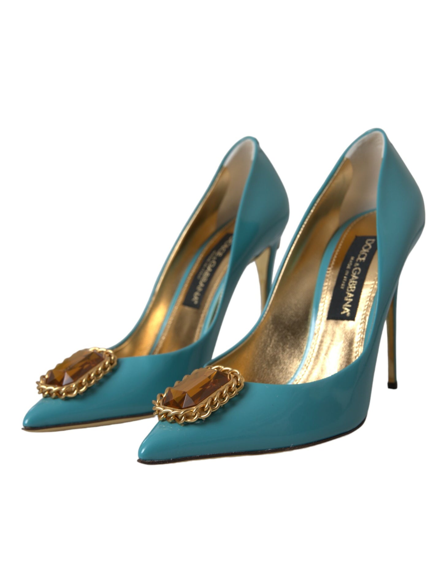 Dolce & Gabbana Blue Gold Leather Crystals Heels Pumps Shoes