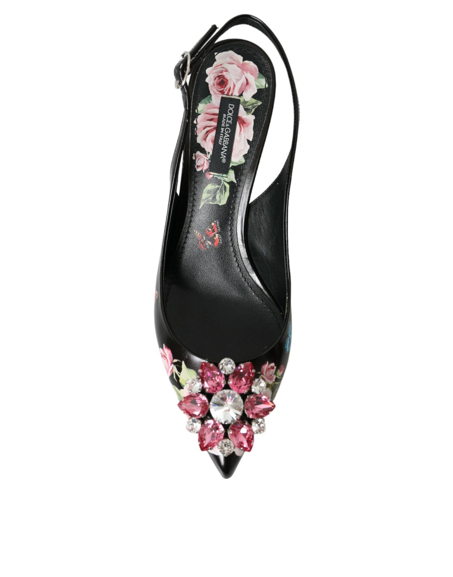 Dolce & Gabbana Black Roses Crystal Heels Slingback Shoes