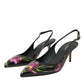 Dolce & Gabbana Black Floral Leather Heels Slingback Shoes