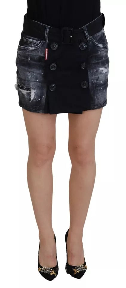 Dsquared² Black Distressed Mid Waist A-line Denim Mini Skirt