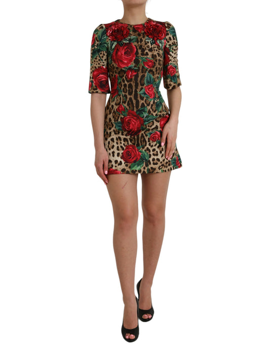 Dolce & Gabbana Brown Leopard Red Roses Cotton A-line Dress