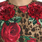 Dolce & Gabbana Brown Leopard Red Roses Cotton A-line Dress