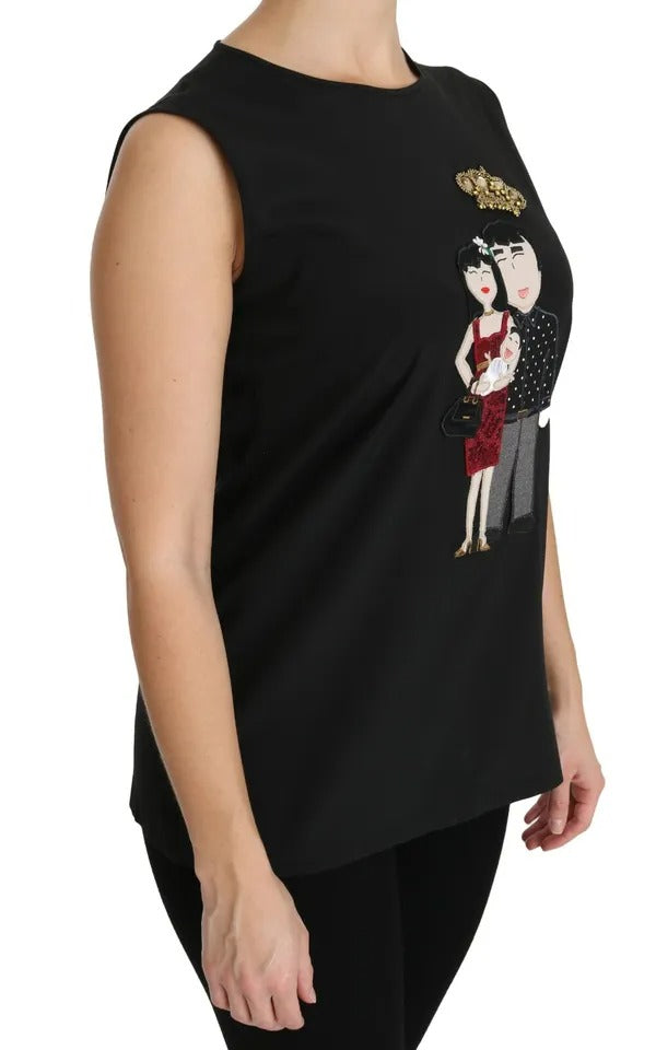 Dolce & Gabbana Black Silk DG Family Crystal Sleeveless Top