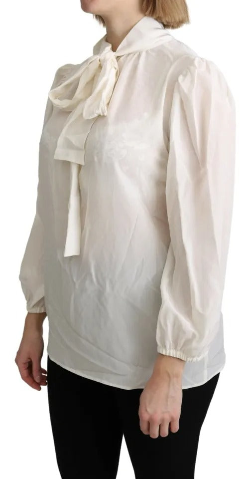 Dolce & Gabbana Off White Scarfneck Long Sleeves Blouse Silk Top