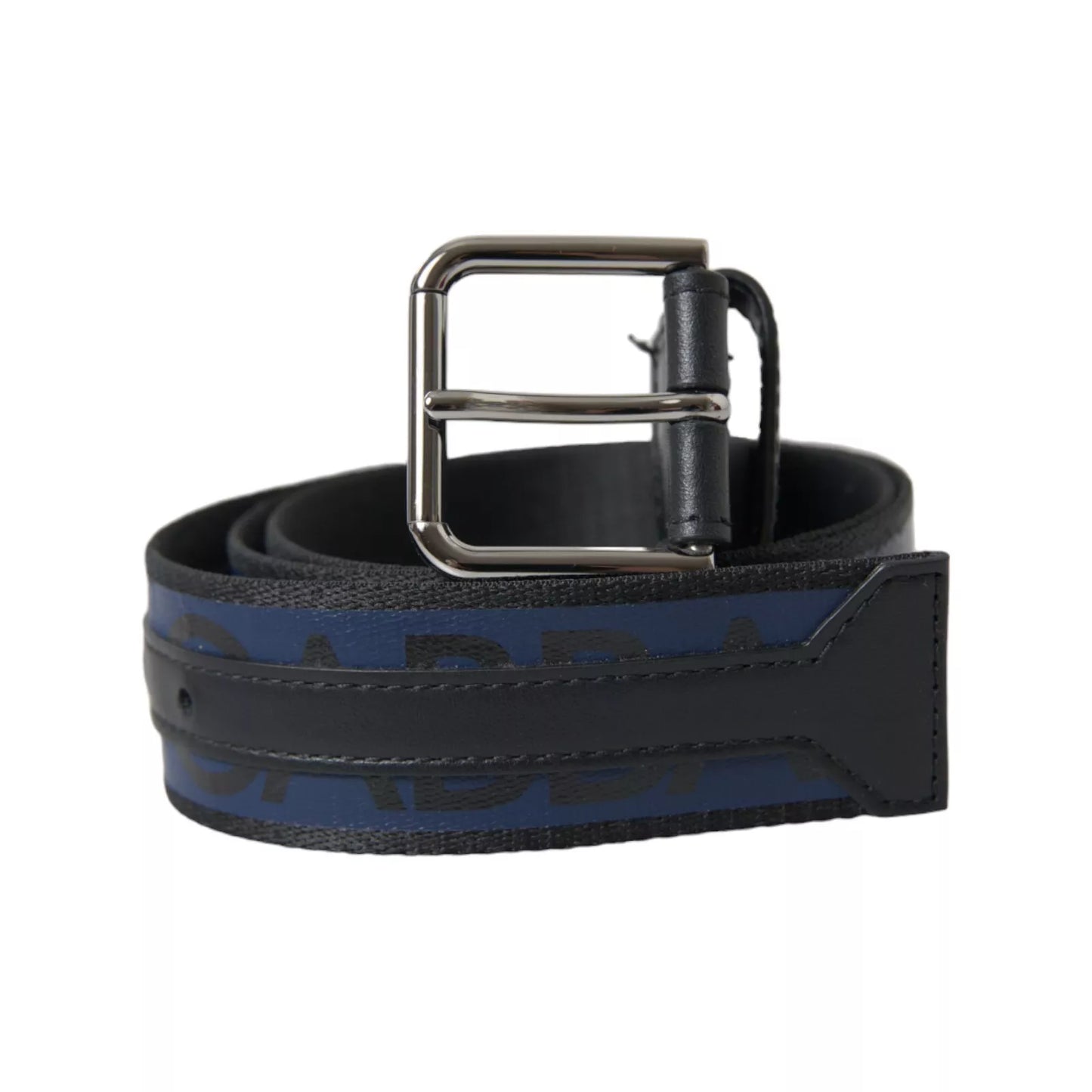 Dolce & Gabbana Black Blue Logo Silver Metal Buckle Belt