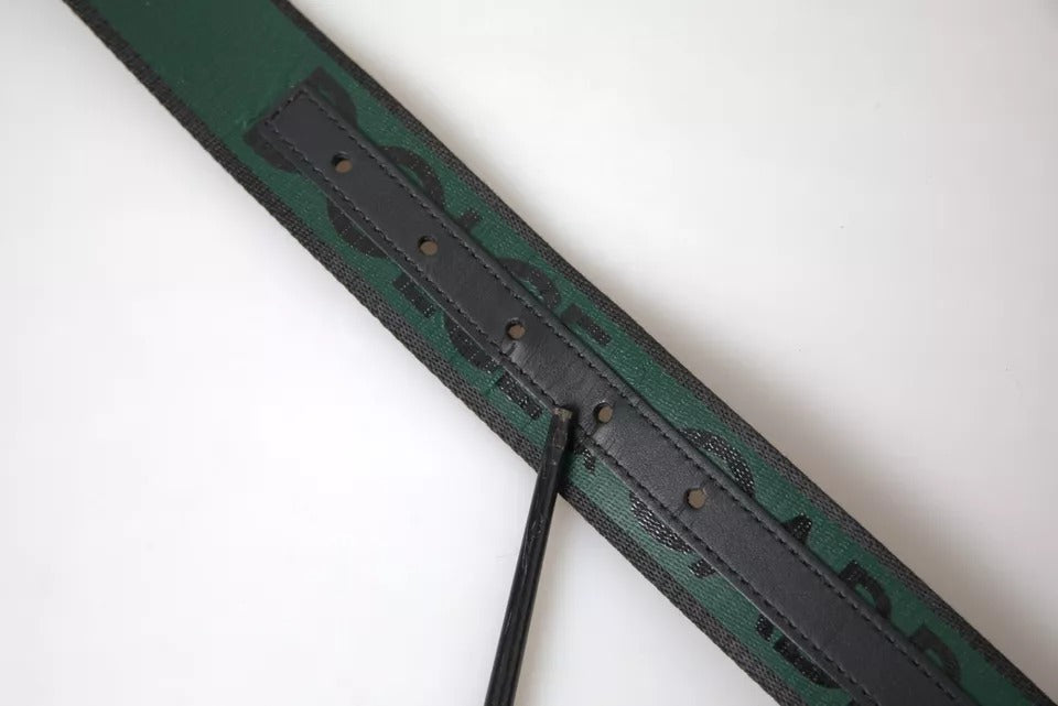 Dolce & Gabbana Black Green Logo Silver Metal Buckle Belt