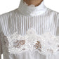 Dolce & Gabbana White Cotton Lace Trim Turtle Neck Blouse