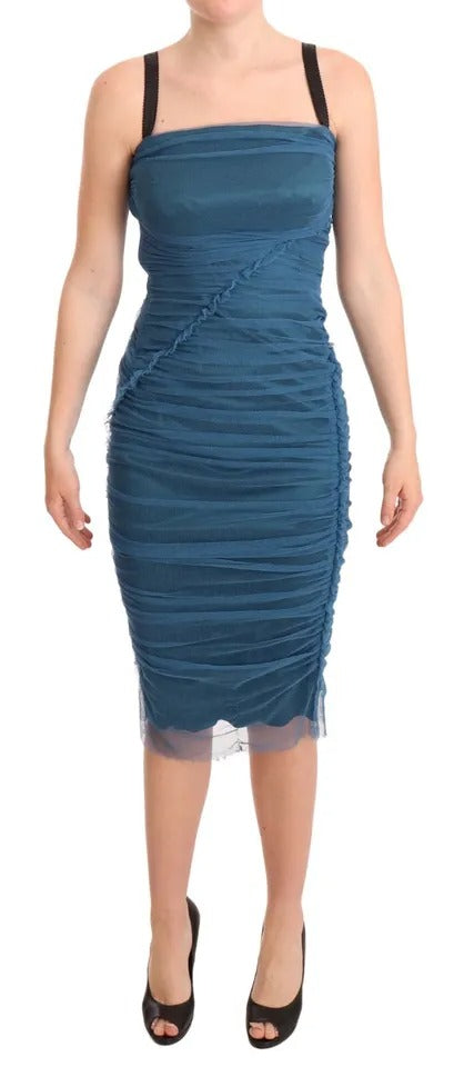 Dolce & Gabbana Blue Mesh Trim Ruched Tulle Sheath Dress