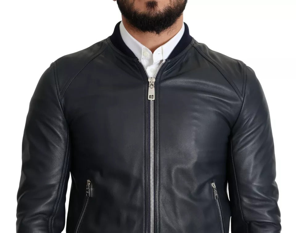 Dolce & Gabbana Black Leather Full Zip Men Bomber Jacket