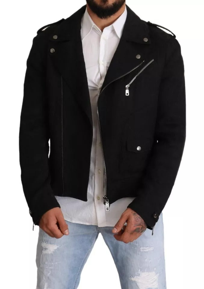 Dolce & Gabbana Black Brocade Full Zip Biker Coat Jacket