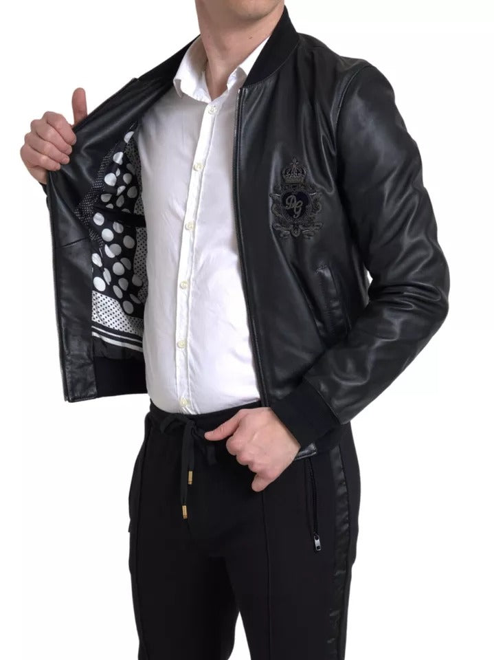 Dolce & Gabbana Black Leather Logo Embroidery Full Zip Jacket