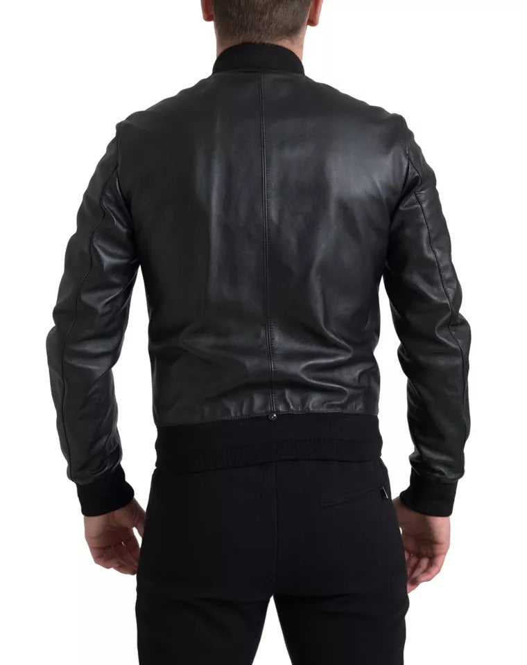 Dolce & Gabbana Black Leather Logo Embroidery Full Zip Jacket