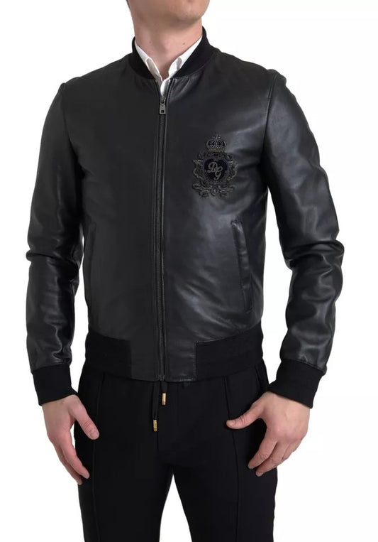 Dolce & Gabbana Black Leather Logo Embroidery Full Zip Jacket