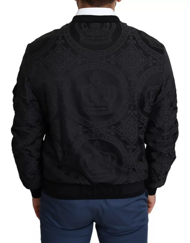 Dolce & Gabbana Black Nylon Crown Print Bomber Full Zip Jacket