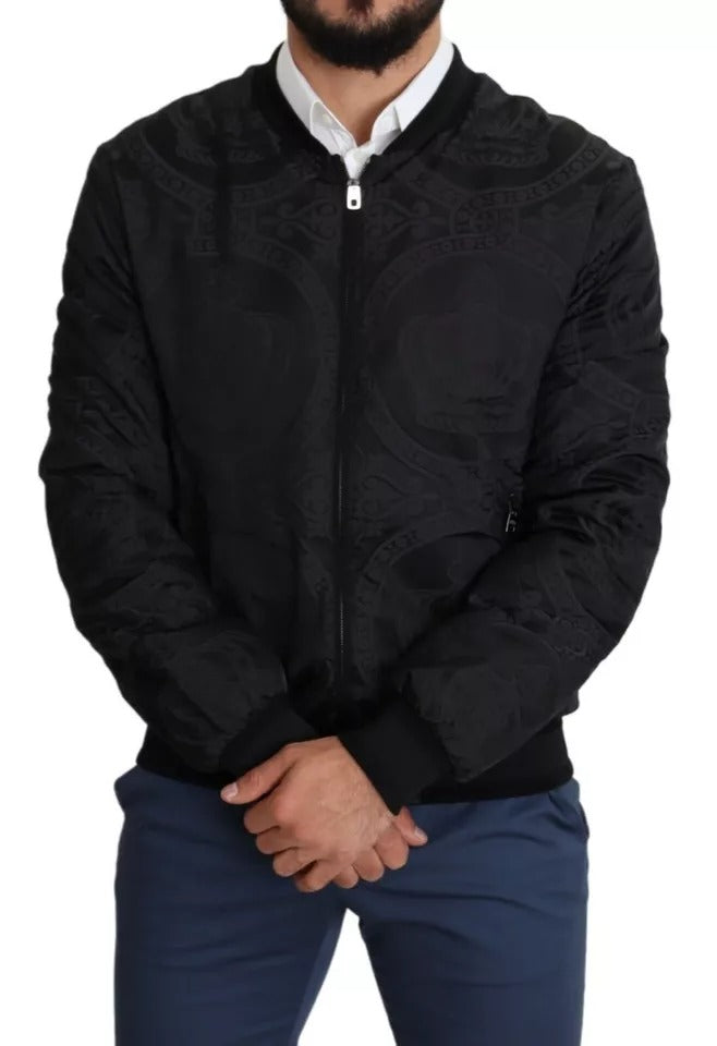 Dolce & Gabbana Black Nylon Crown Print Bomber Full Zip Jacket