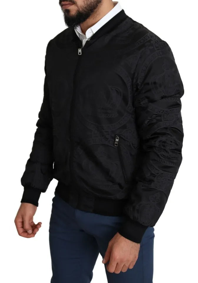 Dolce & Gabbana Black Nylon Crown Print Bomber Full Zip Jacket