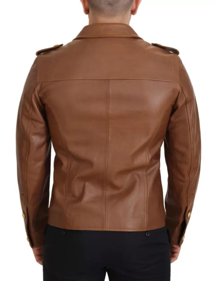 Dolce & Gabbana Brown Calfskin Button Down Blouson Jacket