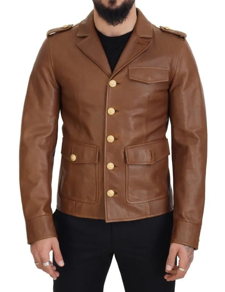 Dolce & Gabbana Brown Calfskin Button Down Blouson Jacket