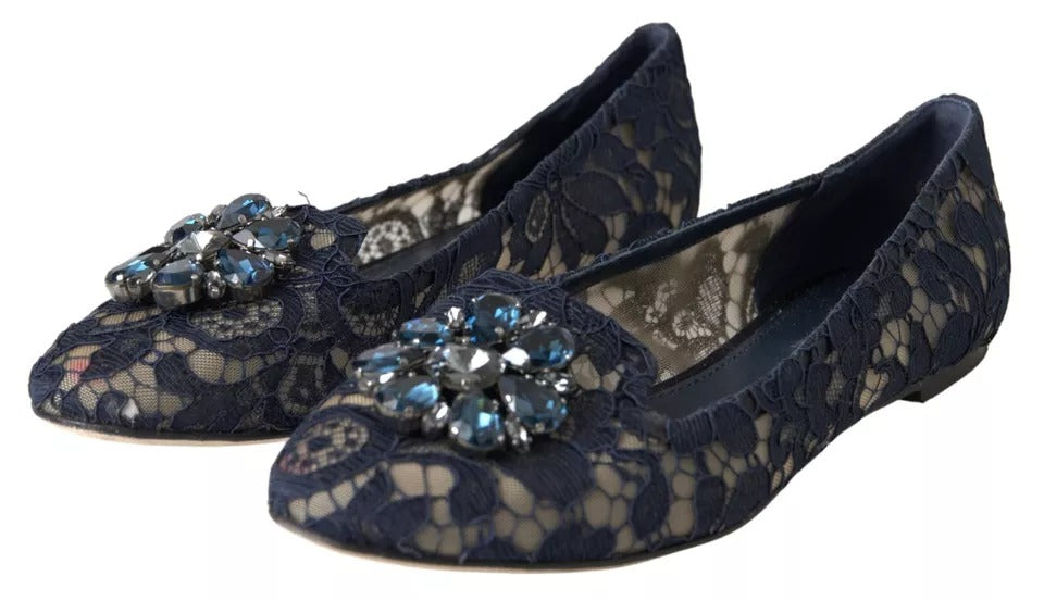 Dolce & Gabbana Blue Taormina Lace Crystals Flats Shoes