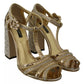 Dolce & Gabbana Gold Crystals T-strap Sandals Leather Shoes