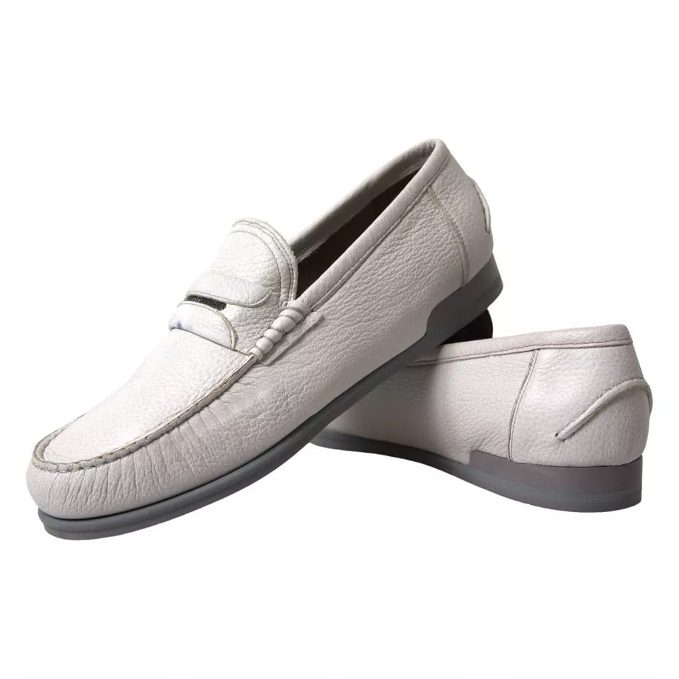 Dolce & Gabbana White Gray Leather Slip On Mocassin Loafer Shoes