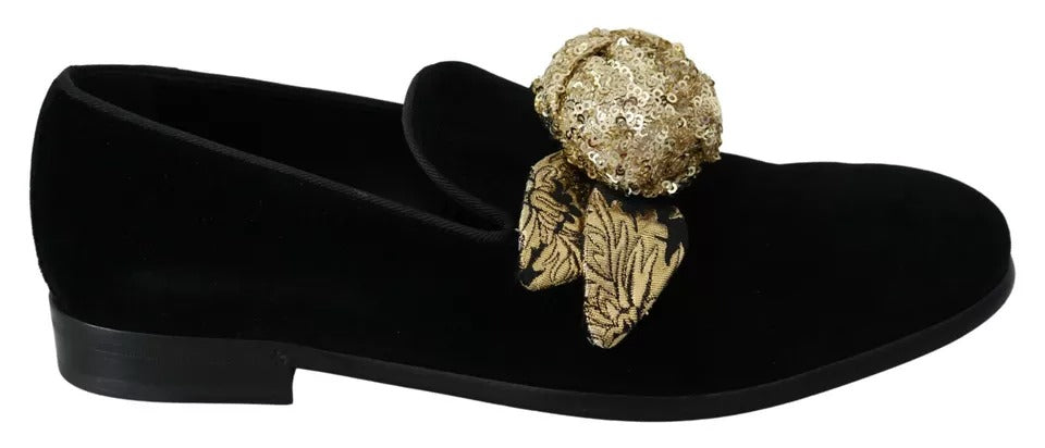 Dolce & Gabbana Black Velvet Gold Sequin Embellished Loafers Shoes