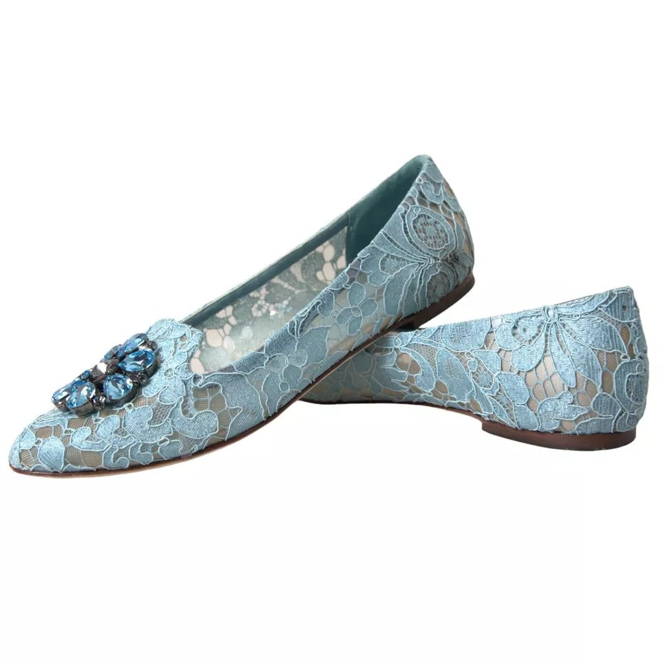 Dolce & Gabbana Blue Lace Crystal Ballet Loafers Shoes