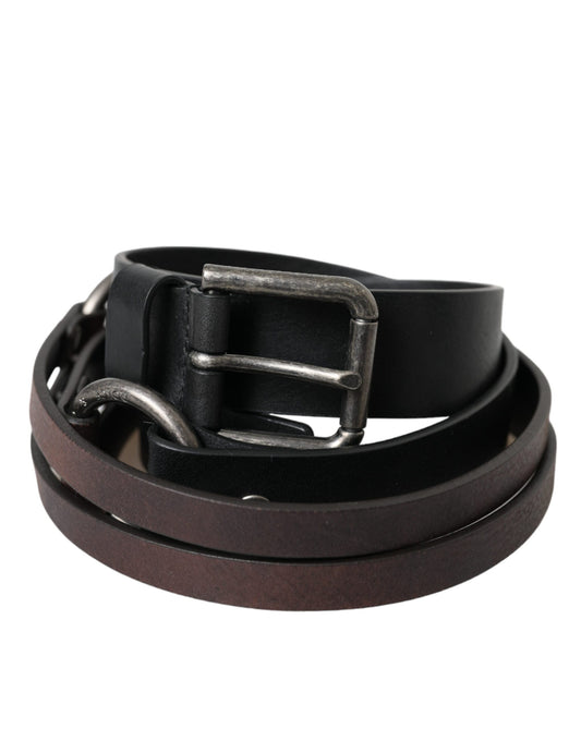 Dolce & Gabbana Black Brown Leather Silver Metal Buckle Belt