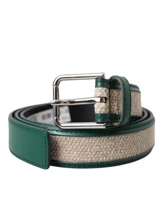 Dolce & Gabbana Green Beige Leather Weaved Metal Buckle Belt