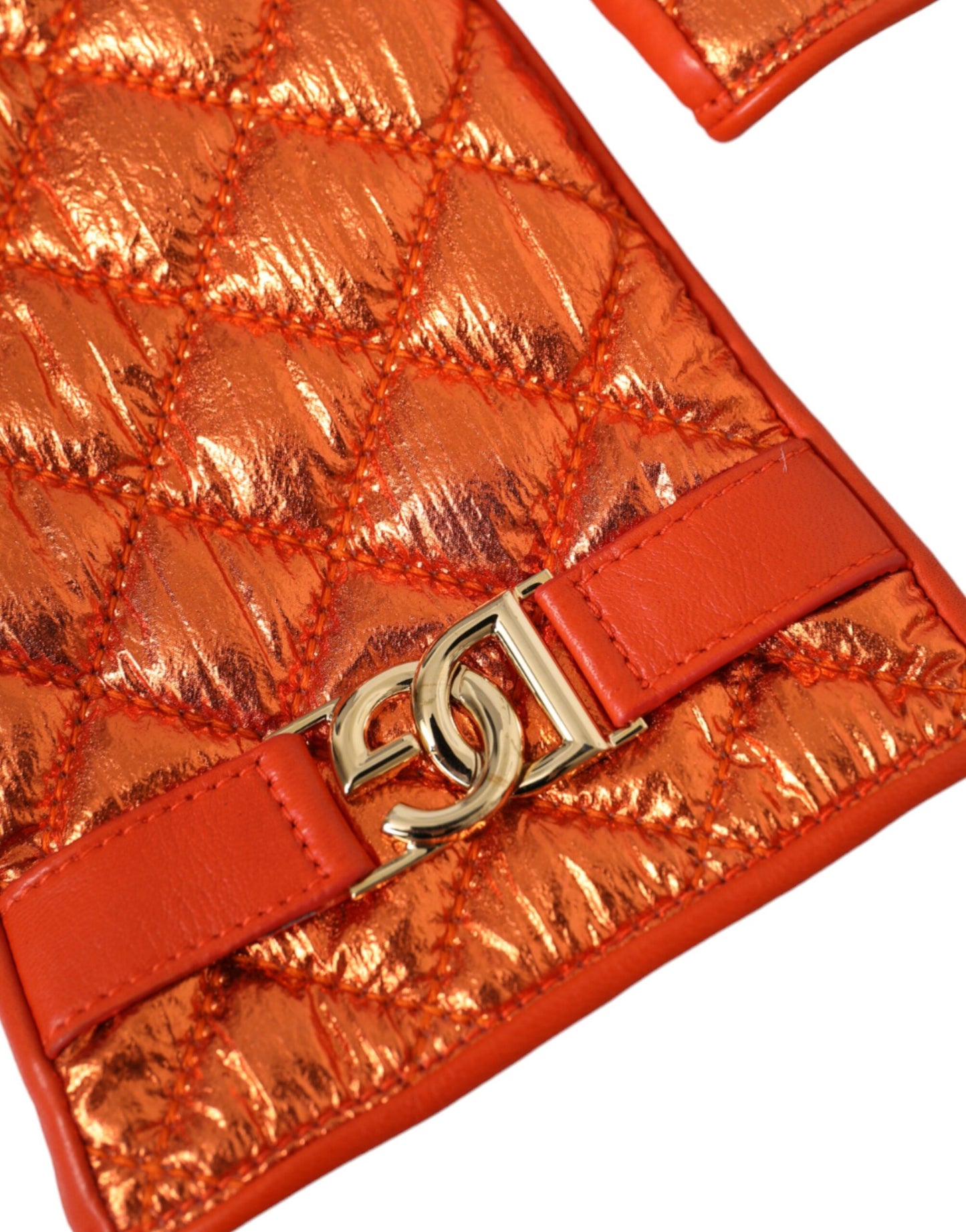 Dolce & Gabbana Orange Leather Quilted Wrist Length Gloves