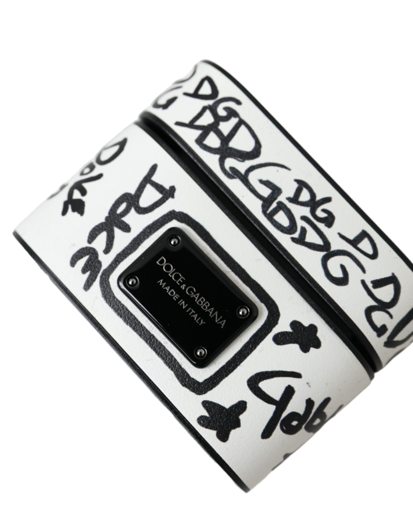 Dolce & Gabbana Black White Leather Scribble Embossed Logo Airpods Case