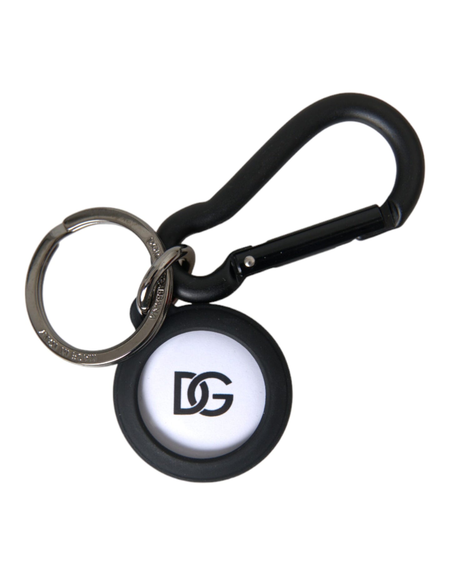 Dolce & Gabbana Black White Rubber DG Logo Round Metal Keyring Keychain