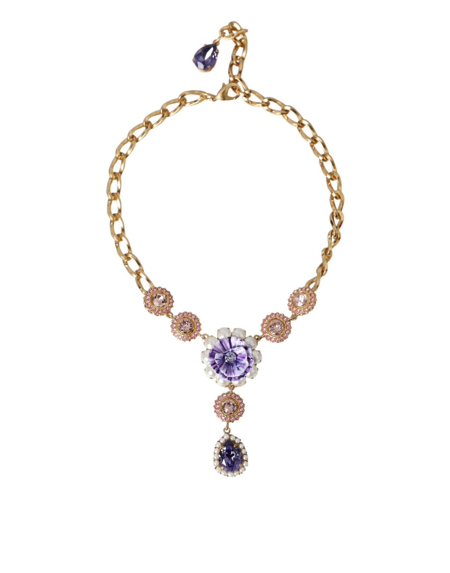 Dolce & Gabbana Gold Brass Crystal Purple Pink Pearl Pendants Necklace