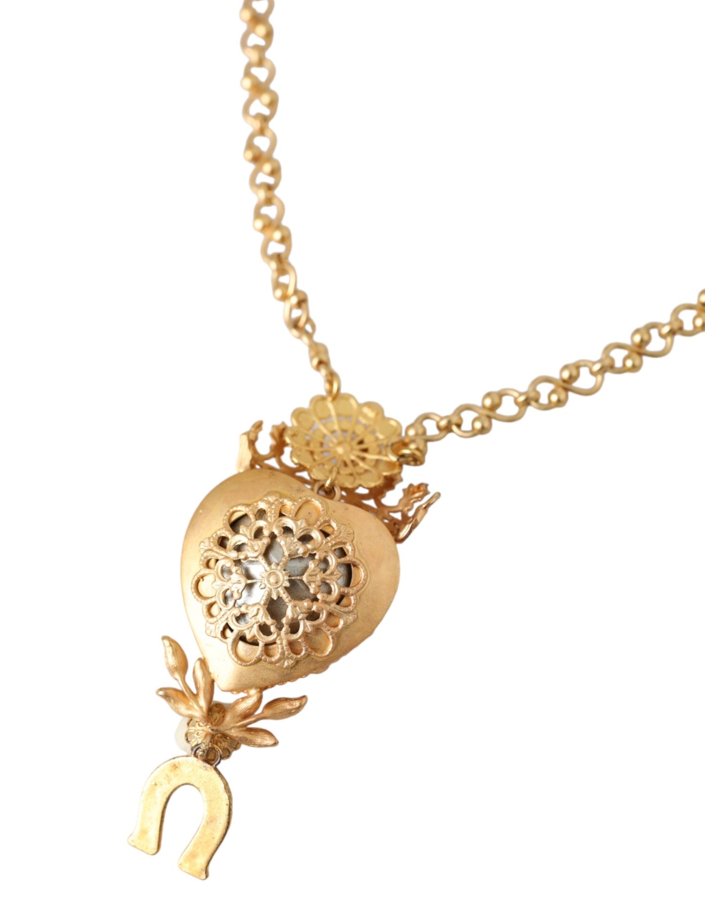 Dolce & Gabbana Gold Brass Chain Sacred Heart Crystal Charm Necklace