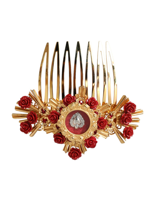 Dolce & Gabbana Gold Brass Crystal Heart Floral Hair Comb