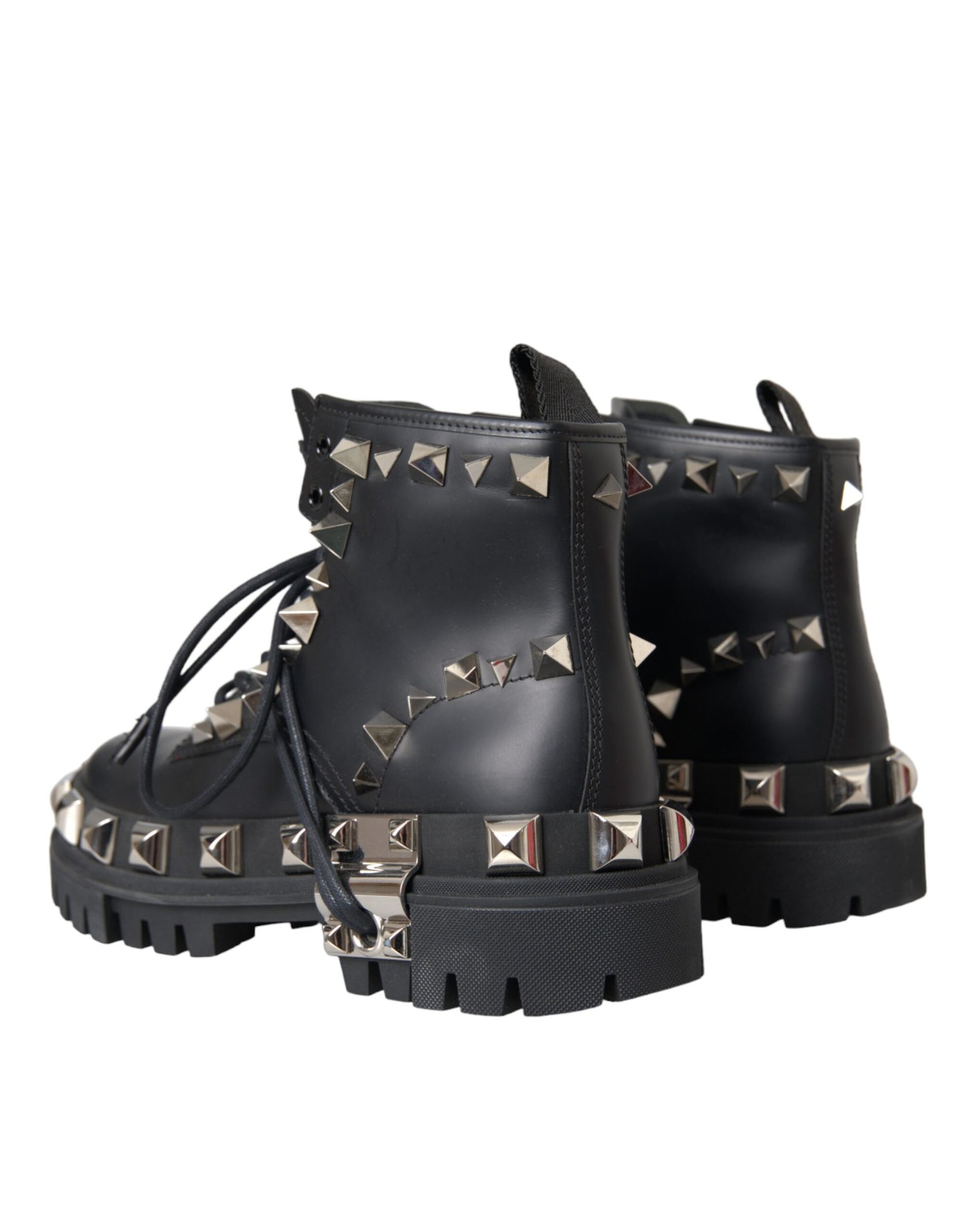 Dolce & Gabbana Black Leather Studs Embellished Combat Boots Shoes