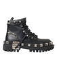 Dolce & Gabbana Black Leather Studs Embellished Combat Boots Shoes