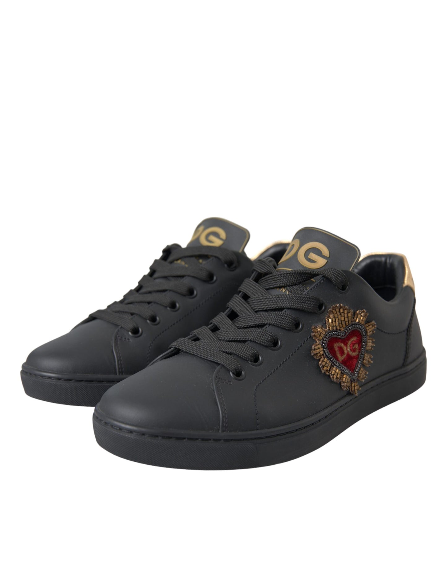 Dolce & Gabbana Black Leather Heart Embellished Sneakers Shoes