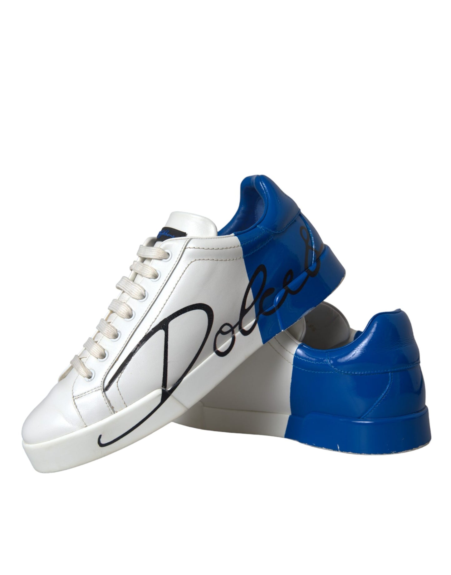 Dolce & Gabbana White Blue Leather Logo Low Top Sneakers Shoes