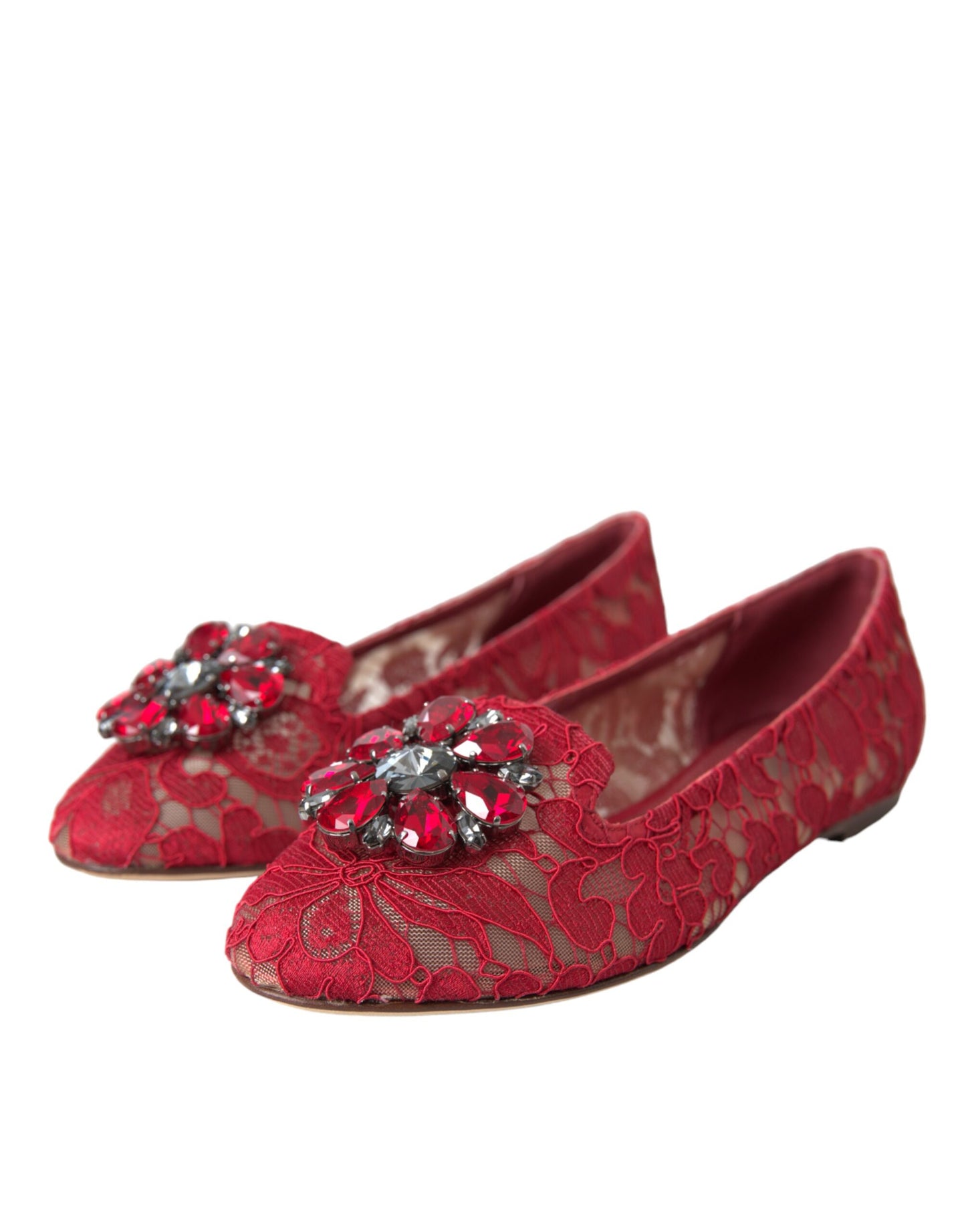 Dolce & Gabbana Red Lace Crystal Ballet Loafers Shoes