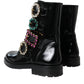 Dolce & Gabbana Black Leather Crystal Buckles Boots Shoes