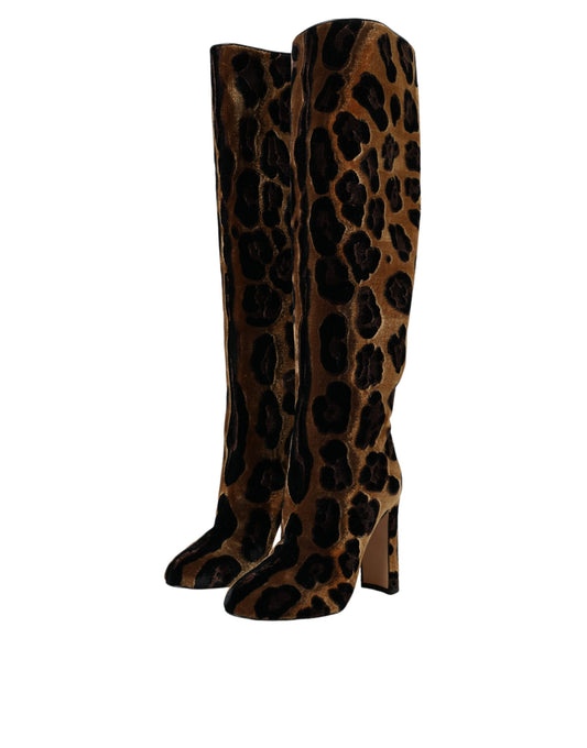 Dolce & Gabbana Brown Giraffe Velvet Leather Boots Shoes