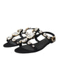 Dolce & Gabbana Black Leather Crystal Flats Sandals Shoes