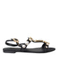 Dolce & Gabbana Black Leather Crystal Flats Sandals Shoes