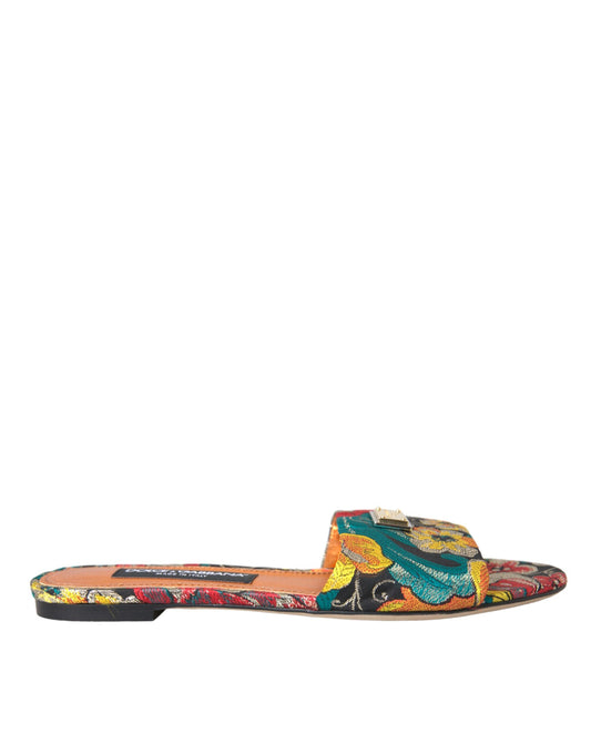 Dolce & Gabbana Multicolor Floral Brocade Logo Flats Sandals Shoes