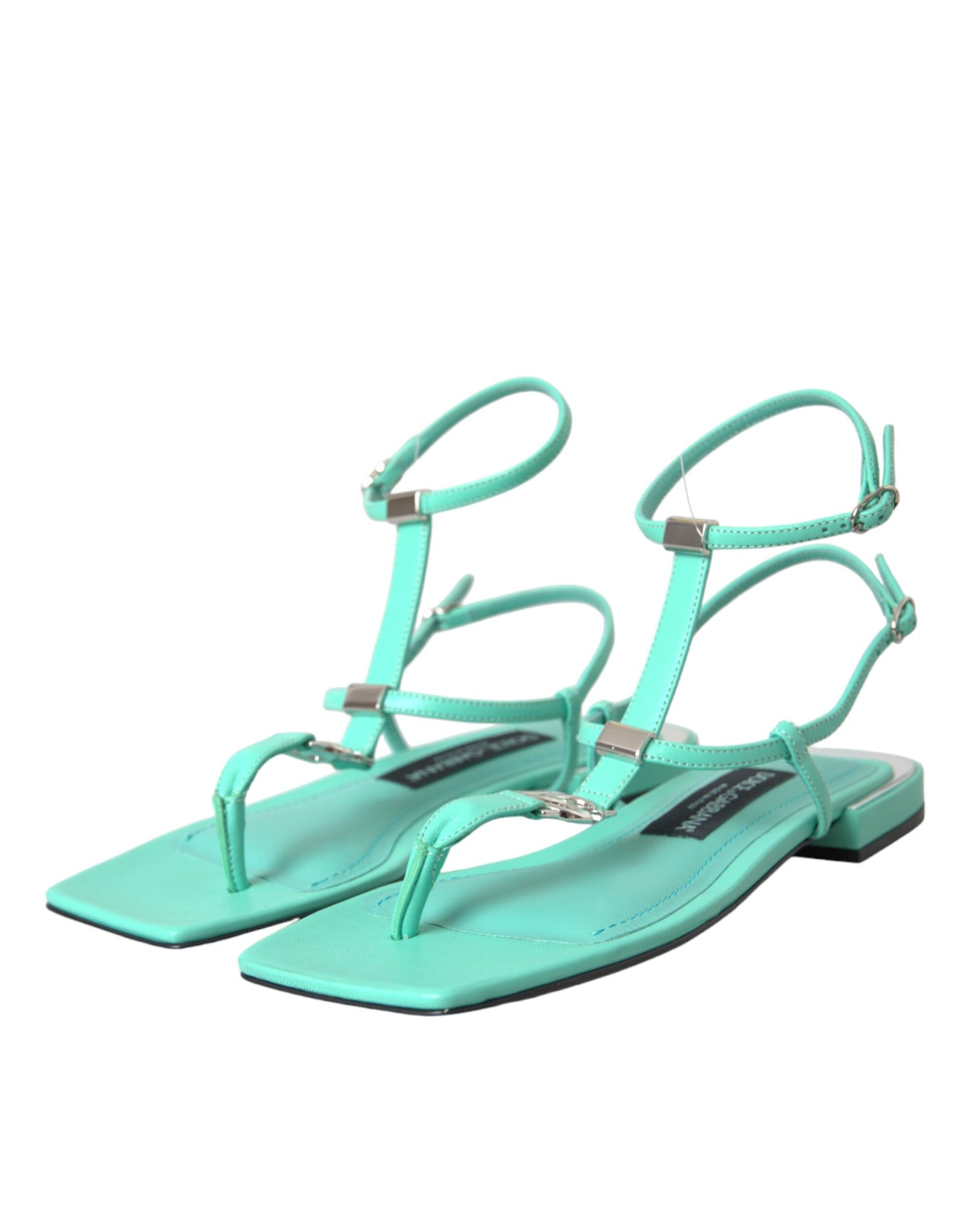 Dolce & Gabbana Aqua Green Leather Ankle Strap Flats Sandals Shoes