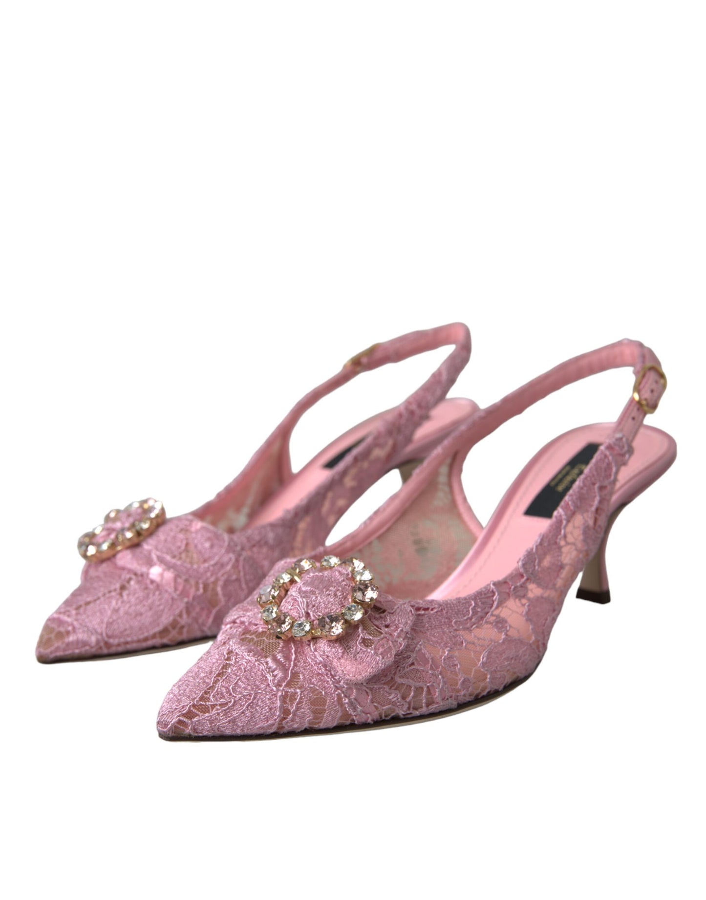 Dolce & Gabbana Pink Taormina Lace Crystal Heel Slingbacks Shoes