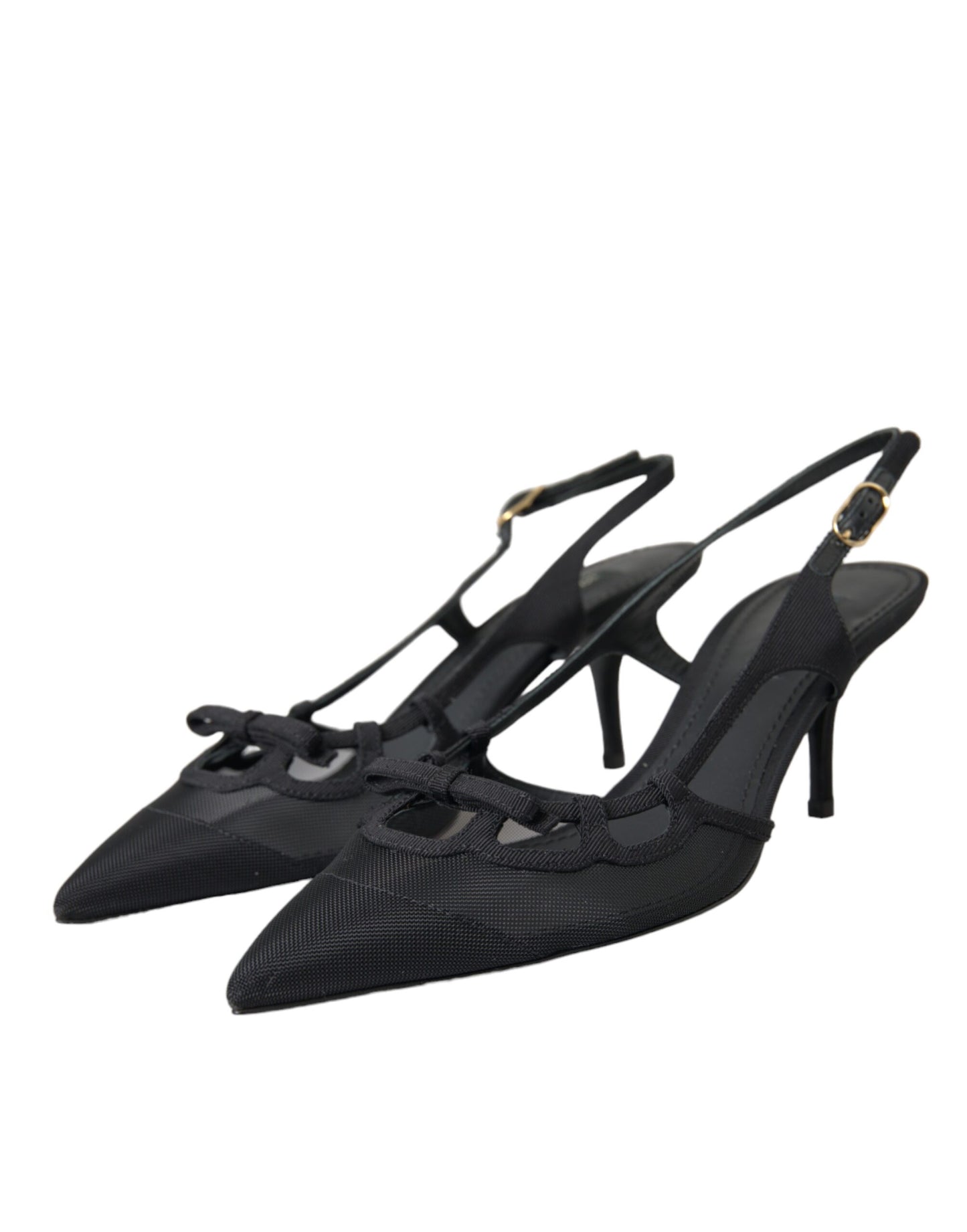 Dolce & Gabbana Black Leather Mesh High Heels Slingback Shoes