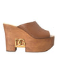 Dolce & Gabbana Brown Leather Wood Mules Wedge Slides Shoes