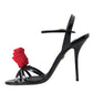 Dolce & Gabbana Black Leather Rose Ankle Strap Heels Sandals Shoes